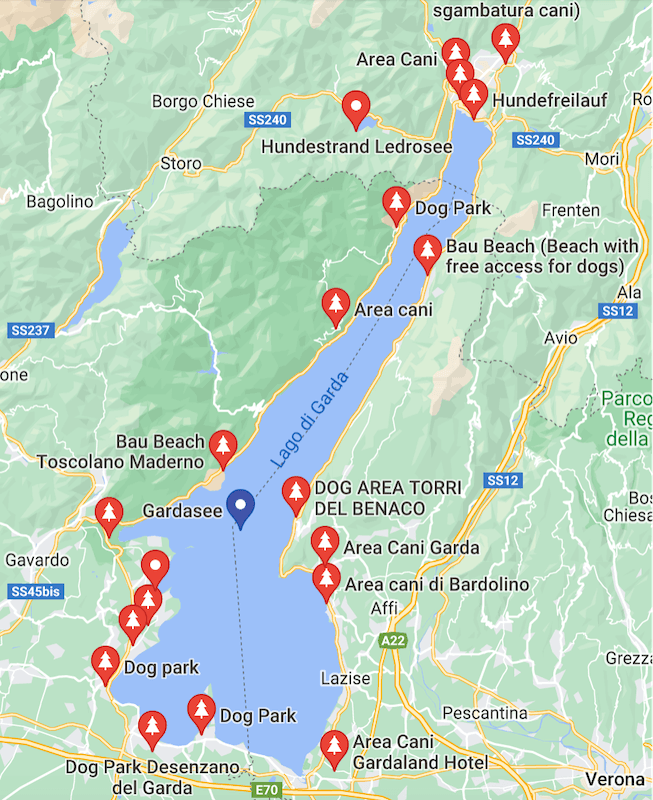 Map with dog playgrounds on Lake Garda