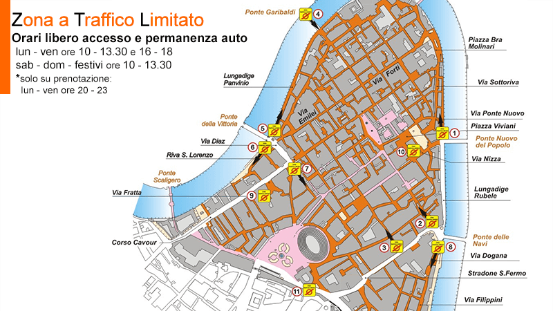 Parken in Verona - ZTL Zonen. Die Grafik zeigt, welche Bereiche in Verona nur mit spezieller Berechtigung vefahren werden dürfen